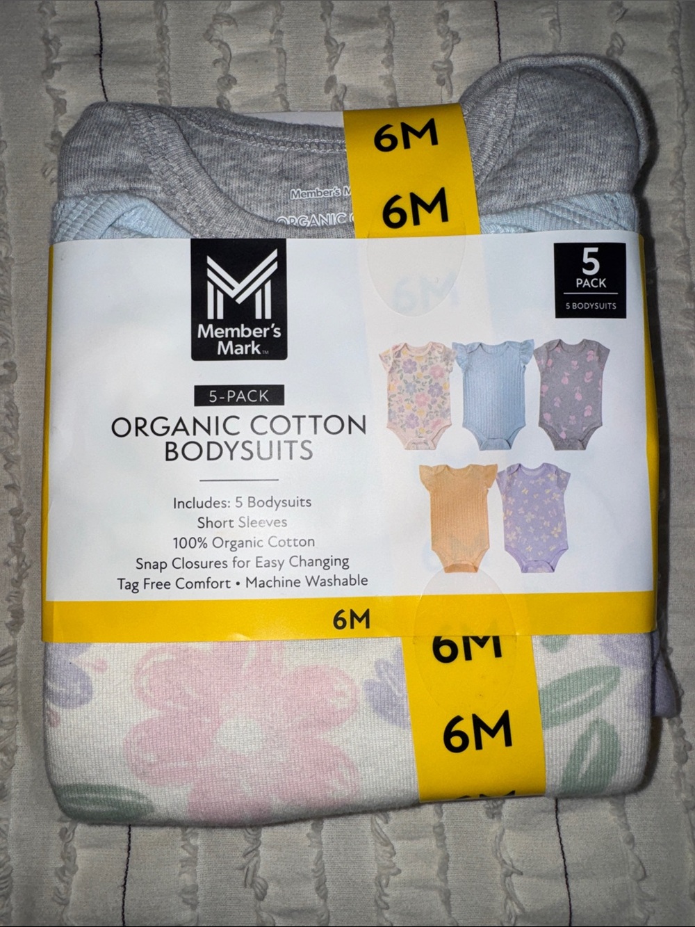 Member's Mark 5-Pack Organic Cotton Baby Bodysuits - Pastel Floral & Solid (6M)